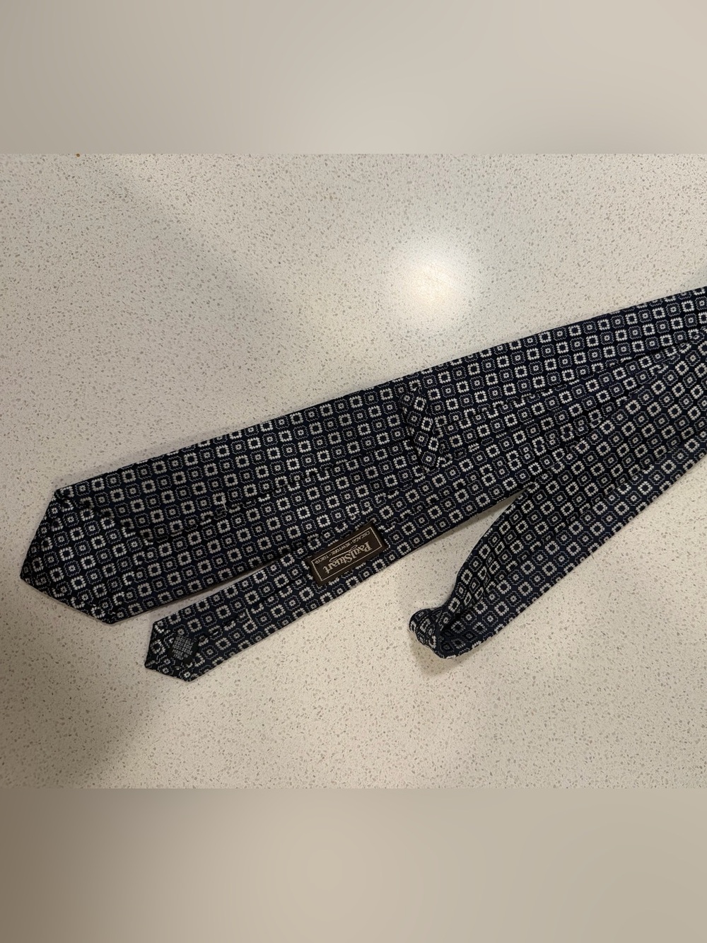 Vintage Paul Stuart Silk Tie Blue & White Geometric Pointed Woven Logo Accent
